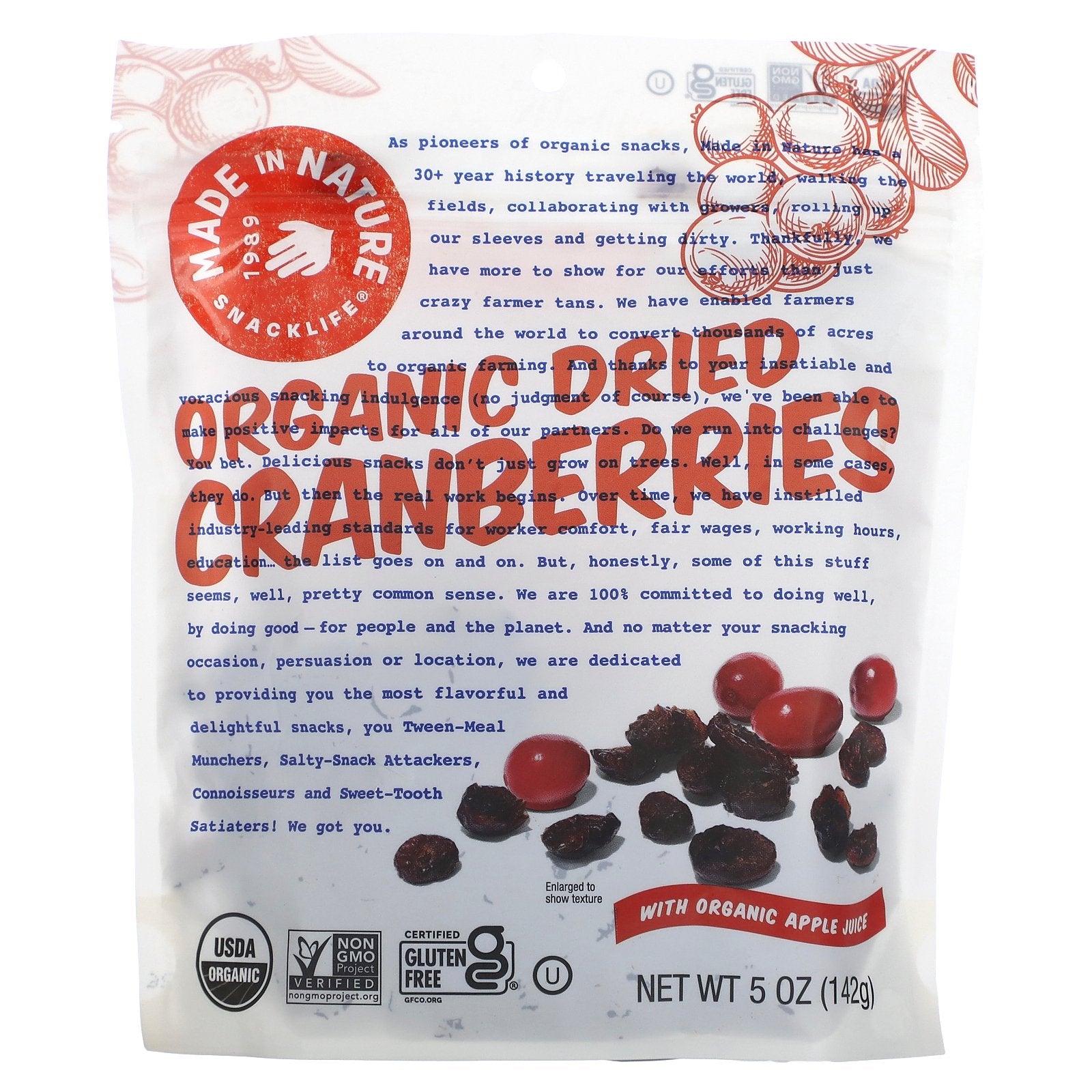 Made in Nature, Organic Dried Cranberries, With Organic Apple Juice, 5 oz (142 g)