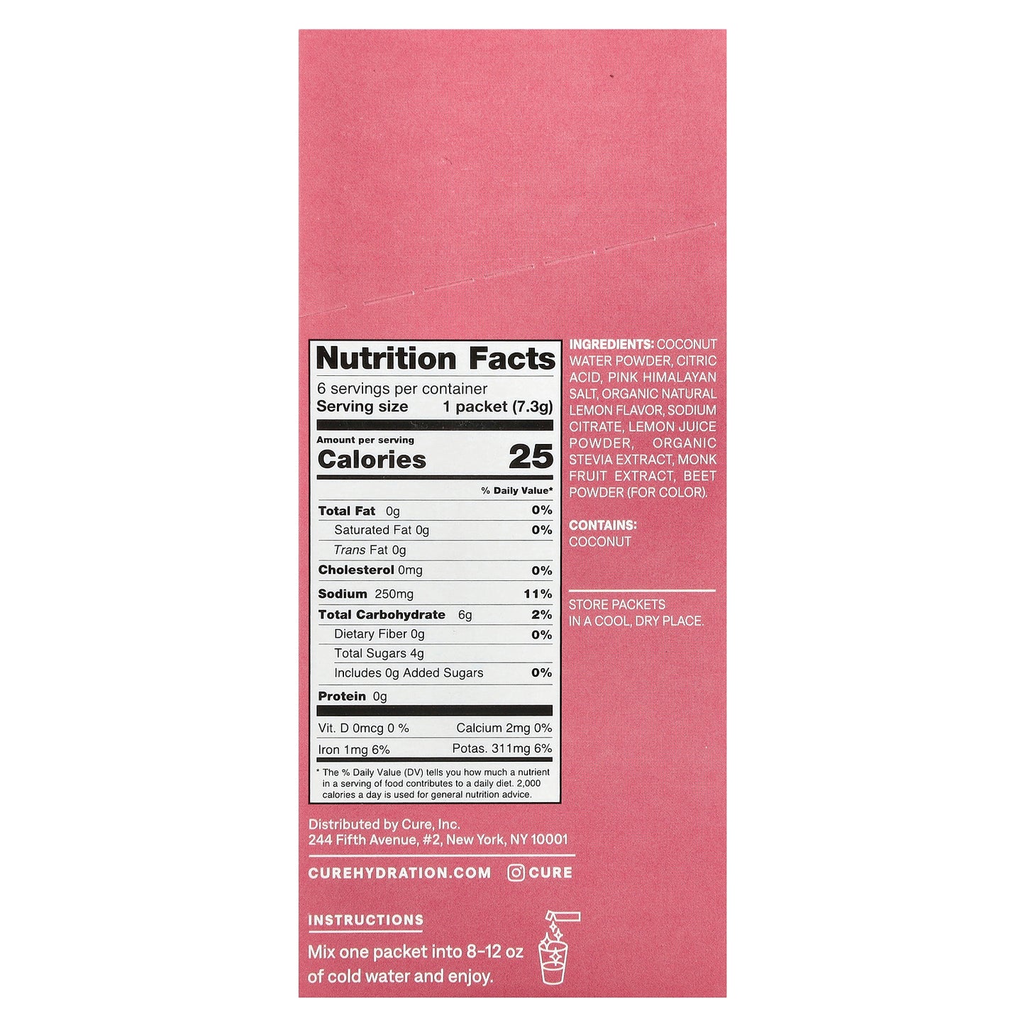Cure Hydration, Kids, Electrolyte Drink Mix, Pink Lemonade, 6 Packets, 0.26 oz (7.3 g) Each