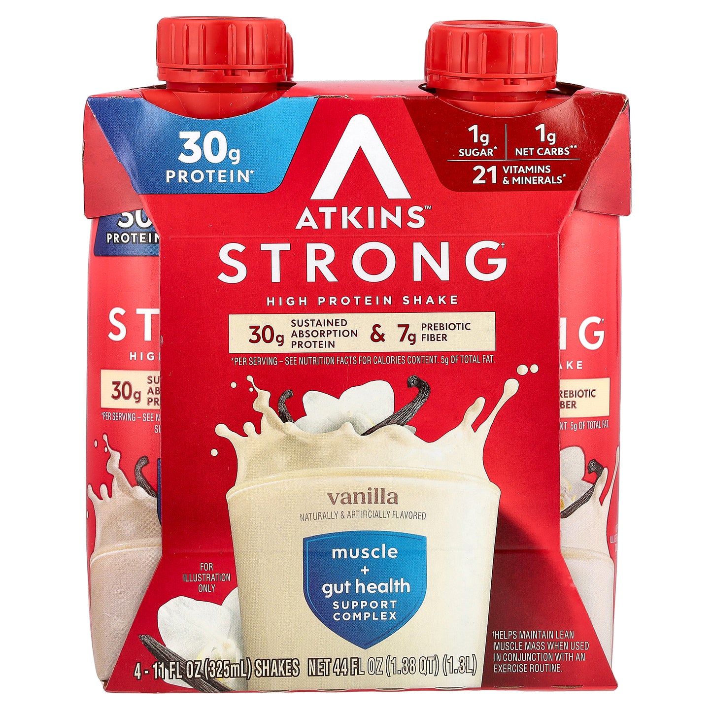 Atkins, Strong, High Protein Shake, Vanilla , 4 Count, 11 fl oz (325 ml) Each