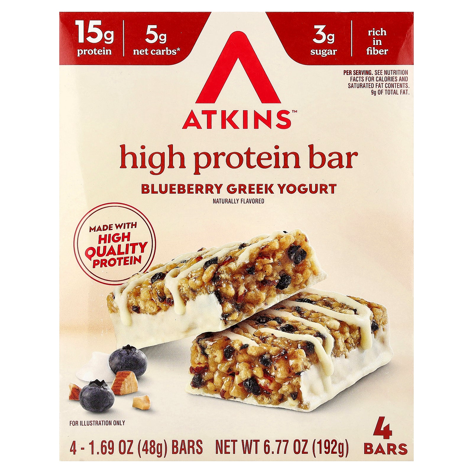 Atkins, High Protein Bar, Blueberry Greek Yogurt, 4 Bars, 1.69 oz (48 g) Each