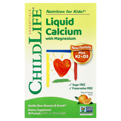 ChildLife Essentials, Liquid Calcium with Magnesium Plus K2 & D3, Natural Orange, 30 Packet, 0.34 fl oz (10 ml)