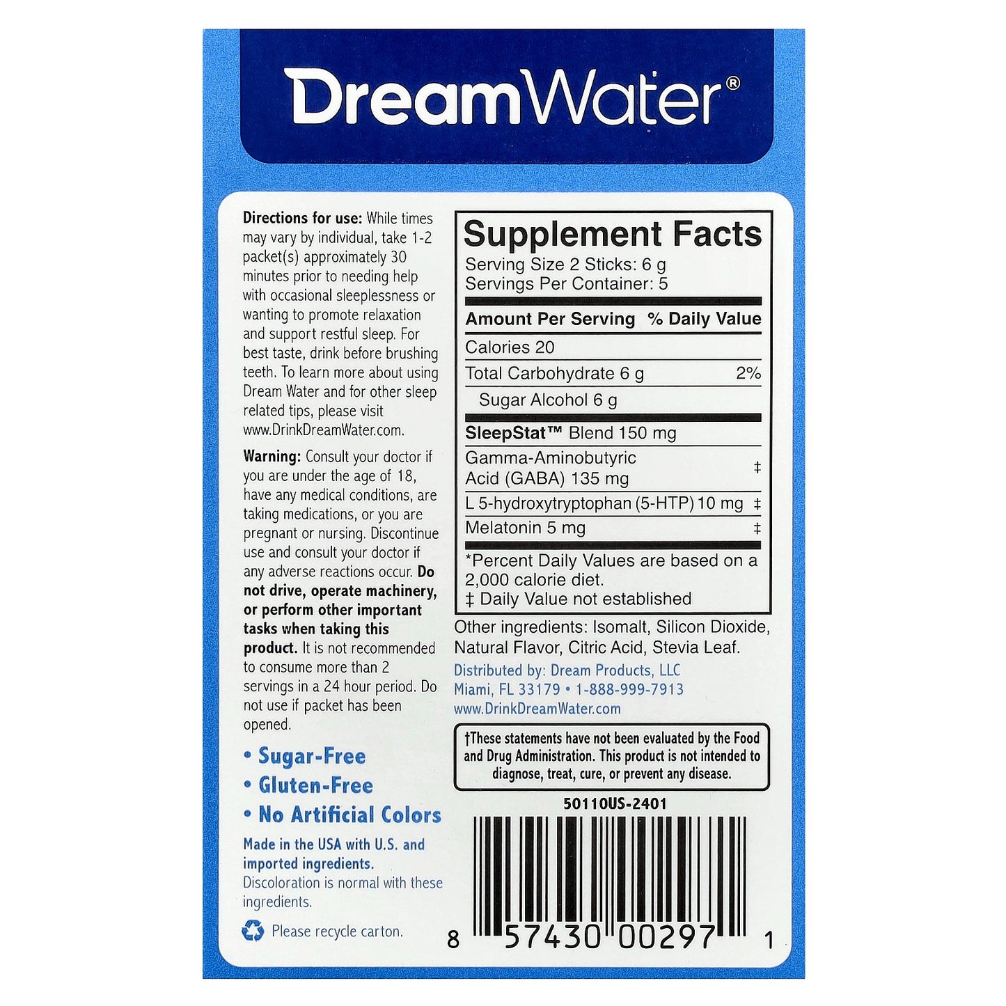 Dream Water, Original Sleep Powder with SleepStat™ Blend, Snoozeberry, 10 Stick Packs, 0.1 oz (3 g) Each