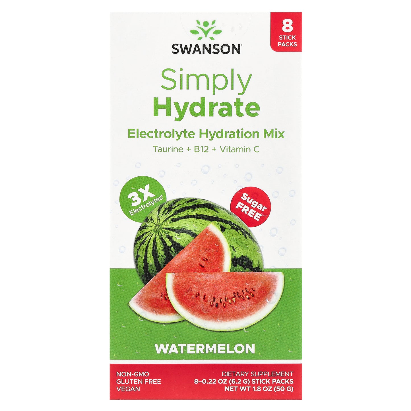 Swanson, Simply Hydrate, Electrolyte Hydration Mix, Watermelon, 8 Stick Packs 0.22 oz (6.2 g) Each