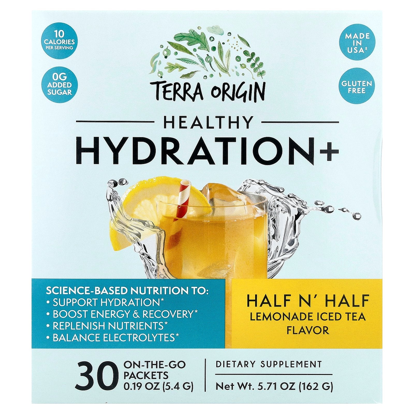 Terra Origin, Healthy Hydration+, Half N' Half Lemonade Iced Tea, 30 On The Go Packets, 0.19 oz (5.4 g) Each
