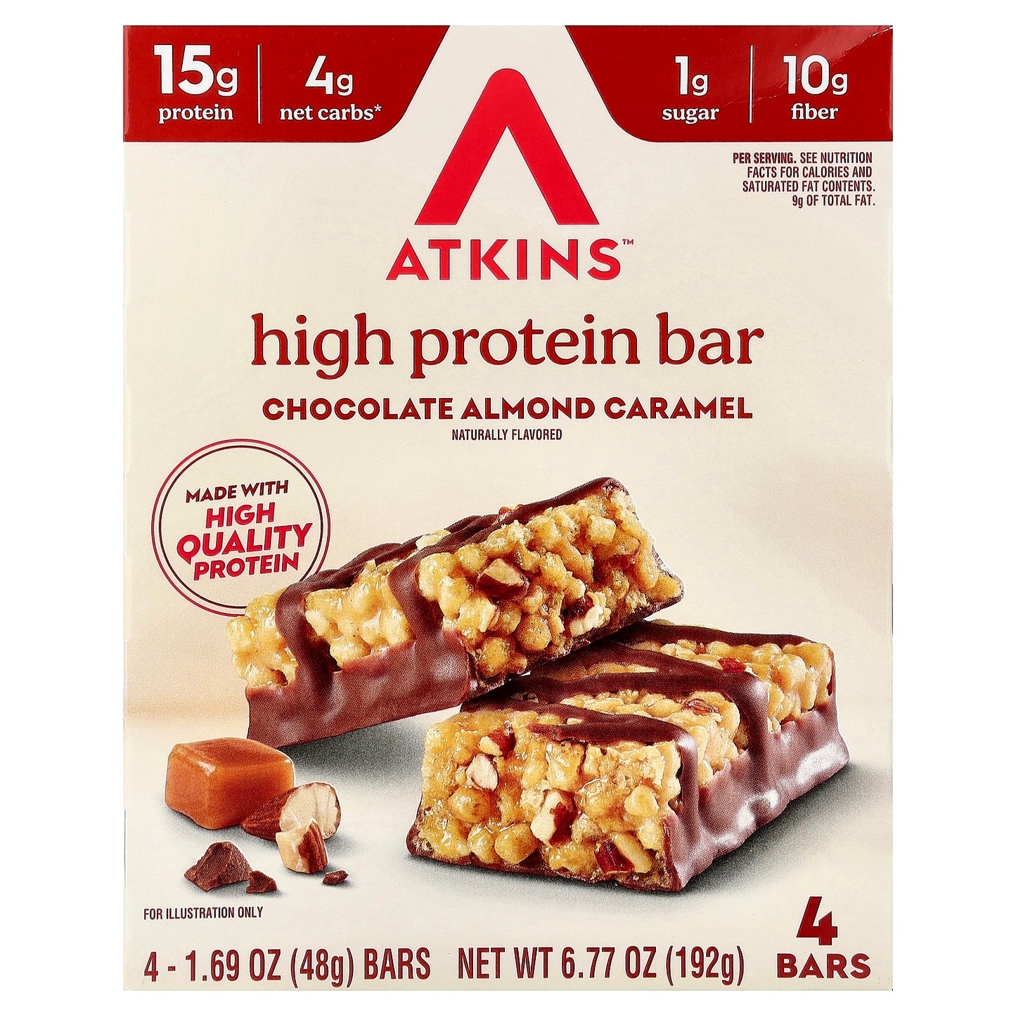 Atkins, High Protein Bar, Chocolate Almond Caramel, 4 Bars, 1.69 oz (48 g) Each