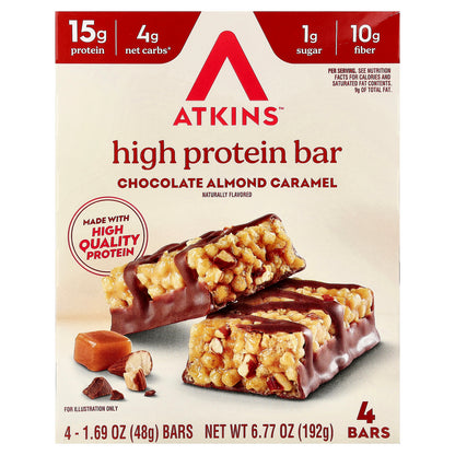 Atkins, High Protein Bar, Chocolate Almond Caramel, 4 Bars, 1.69 oz (48 g) Each