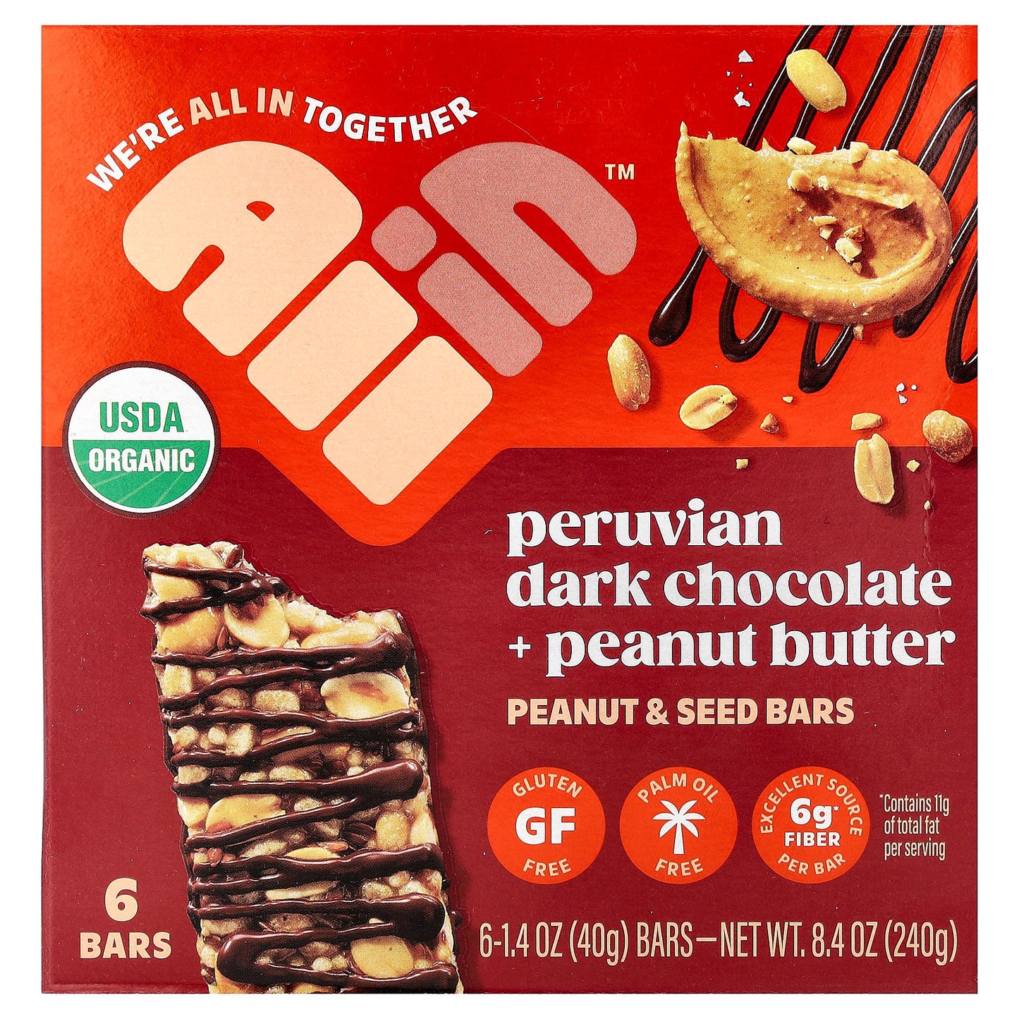 All In, Peanut & Seed Bars, Peruvian Dark Chocolate + Peanut Butter, 6 Bars, 1.4 oz (40 g ) Each
