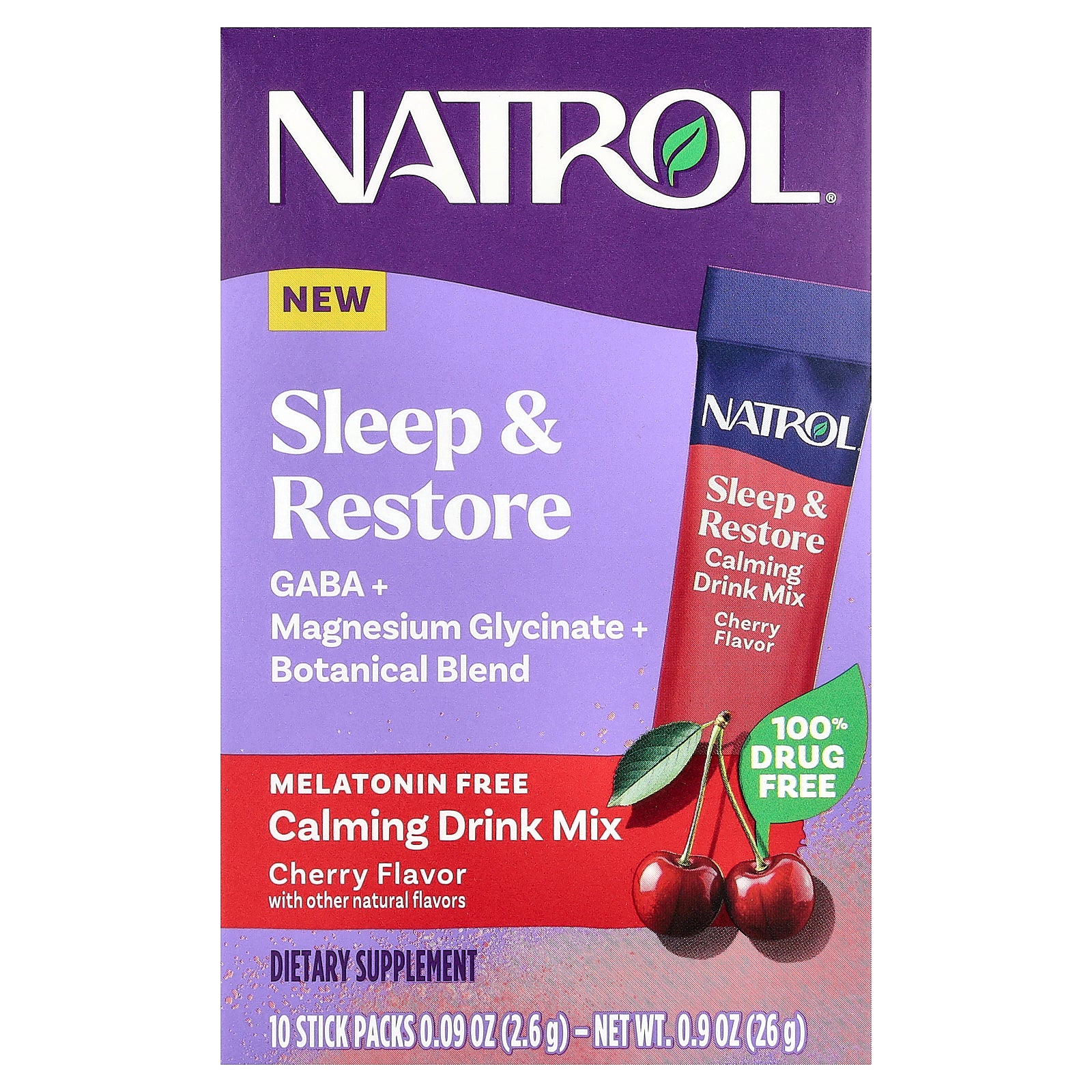 Natrol, Sleep & Restore, Calming Drink Mix, Melatonin Free, Cherry, 10 Stick Packs, 0.09 oz (2.6 g) Each