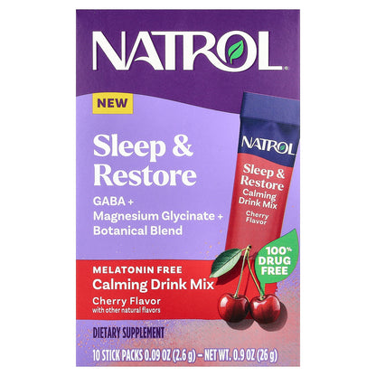 Natrol, Sleep & Restore, Calming Drink Mix, Melatonin Free, Cherry, 10 Stick Packs, 0.09 oz (2.6 g) Each