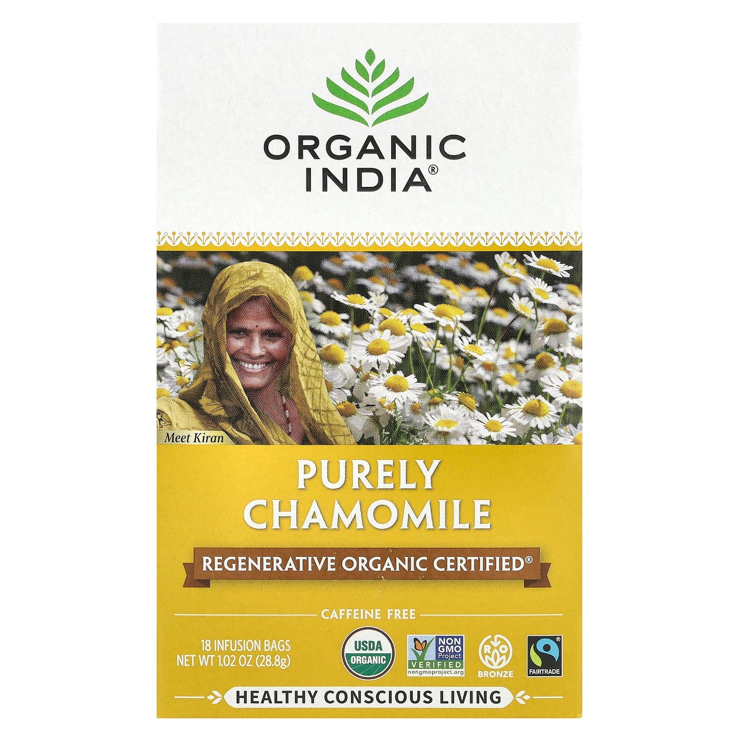 Organic India, Purely Chamomile Tea, Caffeine Free, 18 Infusion Bags, 1.02 oz (28.8 g)