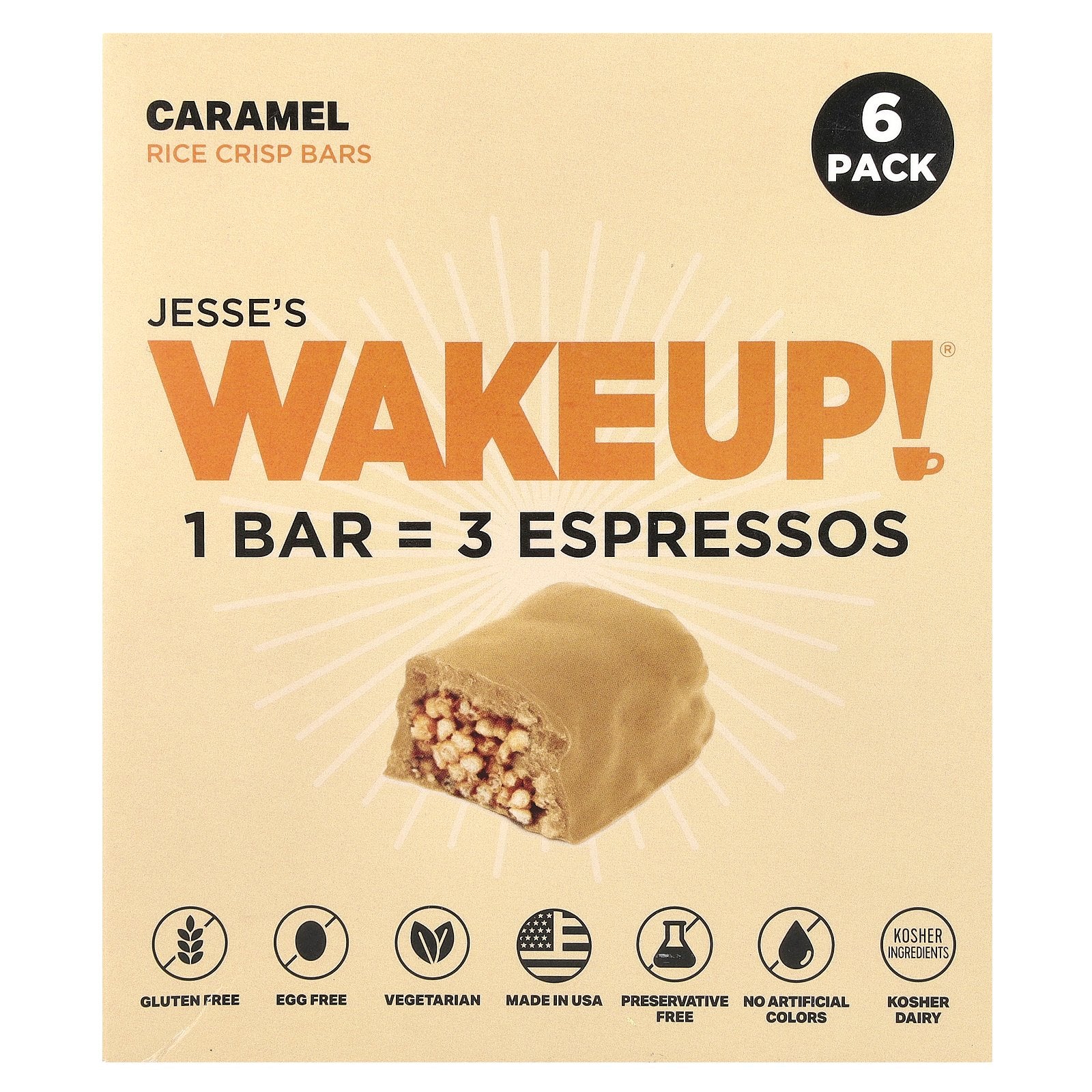 Jesse's WAKEUP!, Rice Crisp Bars, Caramel , 6 Pack, 1.06 oz (30 g) Each