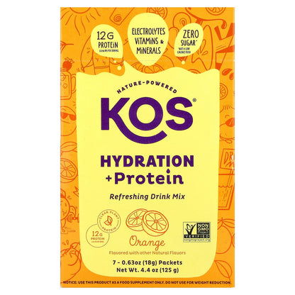 KOS, Hydration + Protein, Refreshing Drink Mix, Orange , 7 Packets, 0.65 oz (18 g) Each