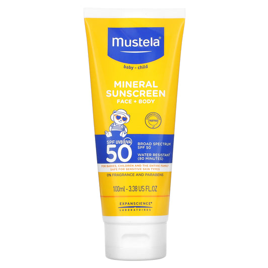 Mustela, Baby, Mineral Sunscreen, Face + Body, SPF 50, 3.38 fl oz (100 ml)