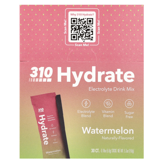 310 Nutrition, 310 Hydrate, Electrolyte Drink Mix, Watermelon, 30 Sticks, 0.18 oz (5 g) Each