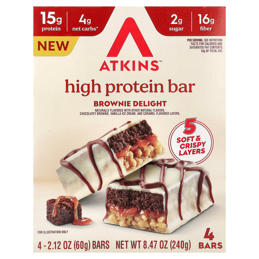 Atkins, High Protein Bar, Brownie Delight, 4 Bars, 2.12 oz (60 g) Each