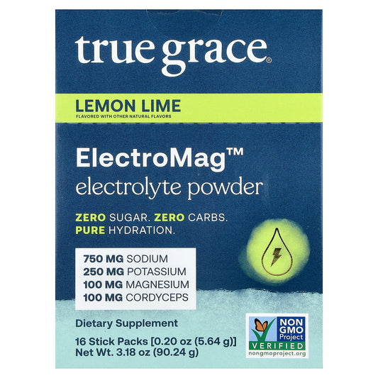 True Grace, ElectroMag™, Electrolyte Powder, Lemon Lime, 16 Stick Packs, 0.20 oz (5.64 g) Each