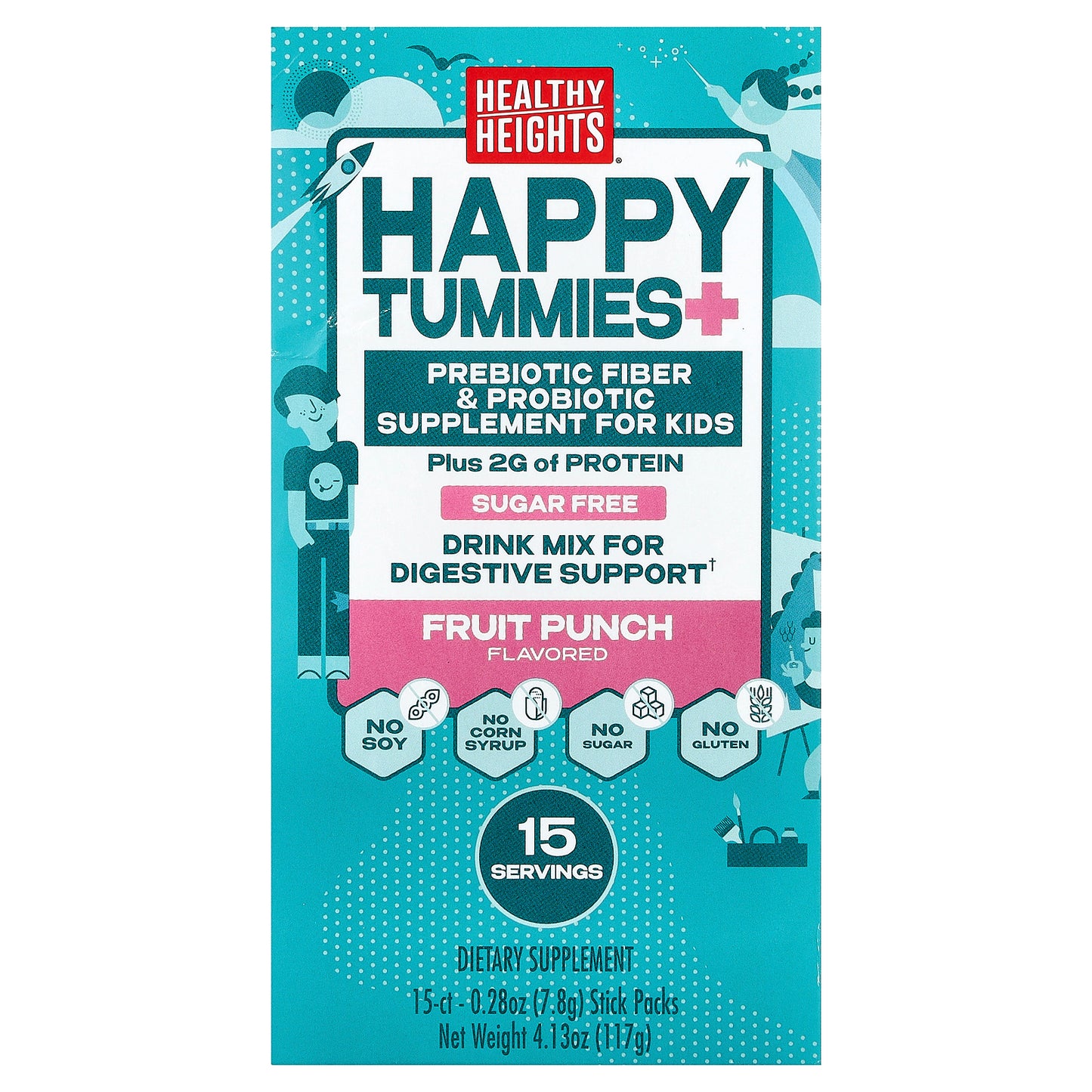 Healthy Heights, Happy Tummies, Drink Mix for Digestive Support, Kids 2+, Fruit Punch, 15 Stick Packs, 0.28 oz (7.8 g) Each
