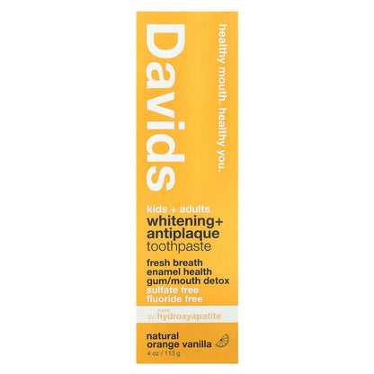 Davids, Kids + Adults Whitening + Antiplaque Toothpaste, Natural Orange Vanilla, 4 oz (113 g)