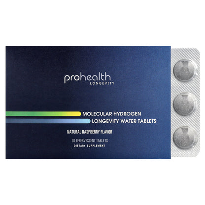 ProHealth Longevity, Molecular Hydrogen Longevity Water Tablets, Natural Raspberry, 30 Effervescent Tablets (80 mg per Tablet)