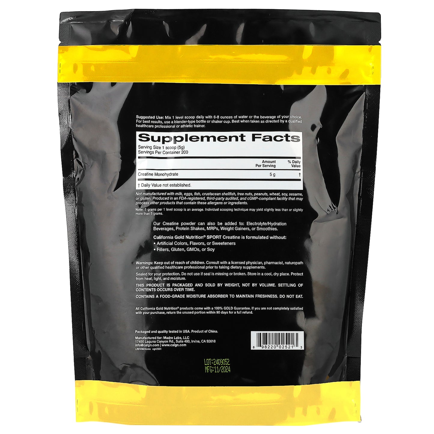 California Gold Nutrition, Sport, Pure Creatine Monohydrate, Unflavored, 2.2 lbs (1 kg)