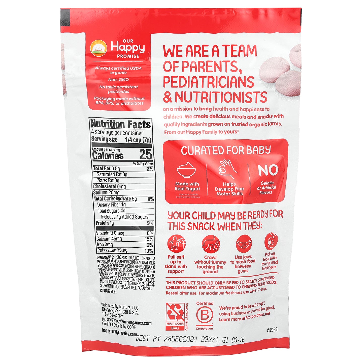 Happy Family Organics, Happy Baby®, Organic Yogis, Freeze Dried Yogurt & Fruit Snacks, Crawling Baby, Strawberry, 1 oz (28 g)