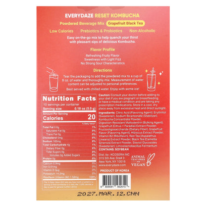 Everydaze, Reset Kombucha, Powdered Beverage Mix, Grapefruit Black Tea, 10 Packets, 0.18 oz (5 g) Each