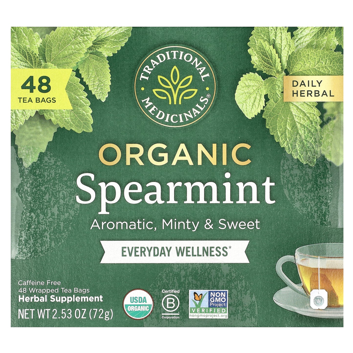 Traditional Medicinals, Organic Spearmint, Caffeine Free, 48 Wrapped Tea Bags, 2.53 oz (72 g)