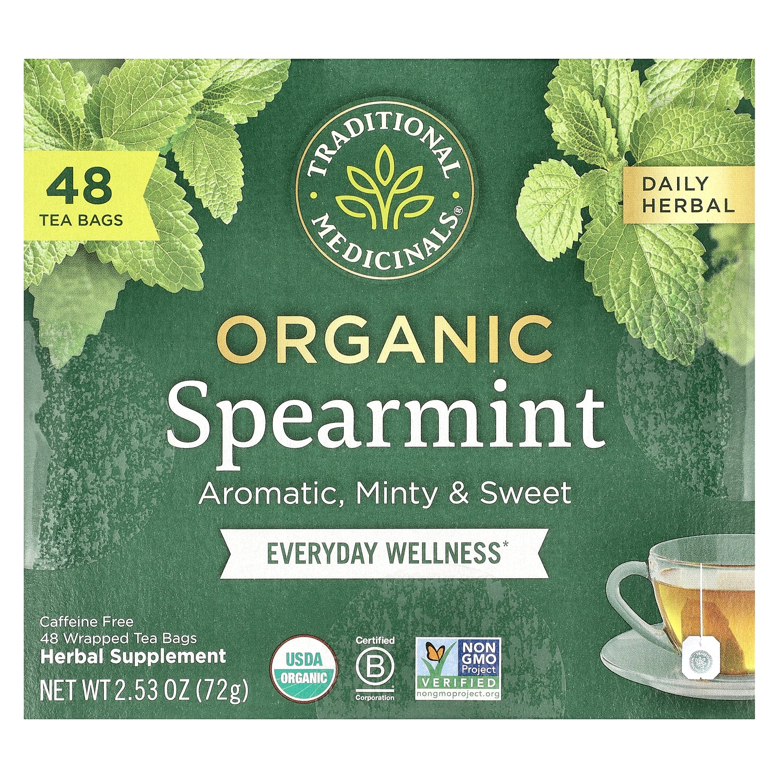 Traditional Medicinals, Organic Spearmint, Caffeine Free, 48 Wrapped Tea Bags, 2.53 oz (72 g)