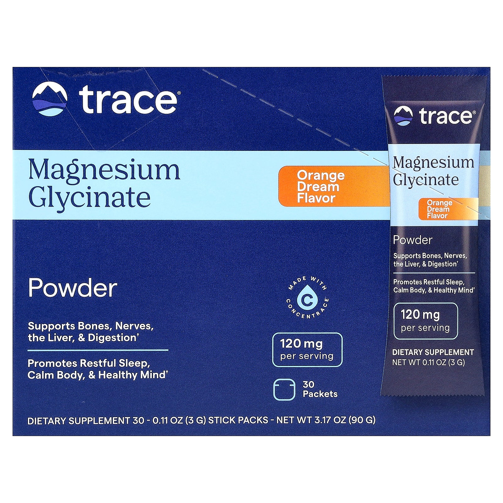 Trace, Magnesium Glycinate Powder, Orange Dream, 30 Packets, 0.11 oz (3 g) Each