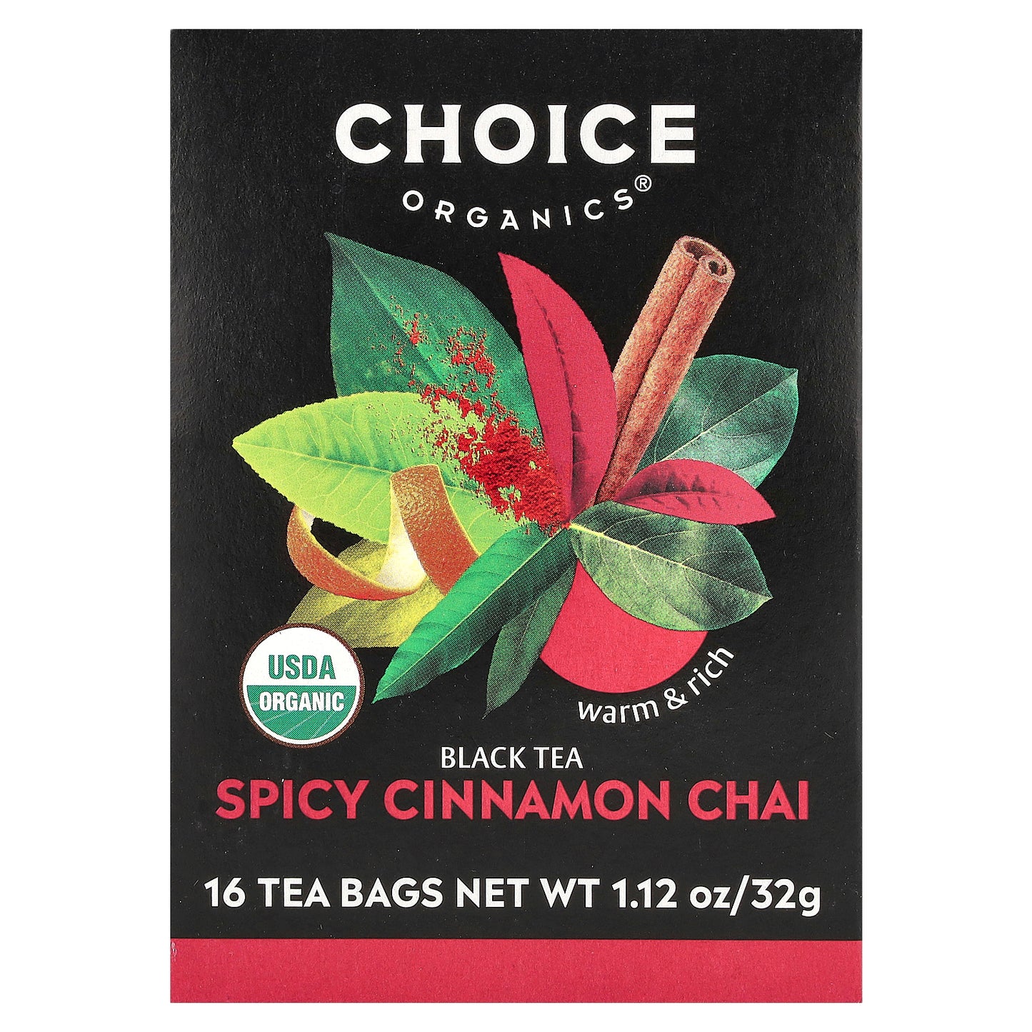 Choice Organic Teas, Black Tea, Spicy Cinnamon Chai, 16 Tea Bags, 1.12 oz (32 g)