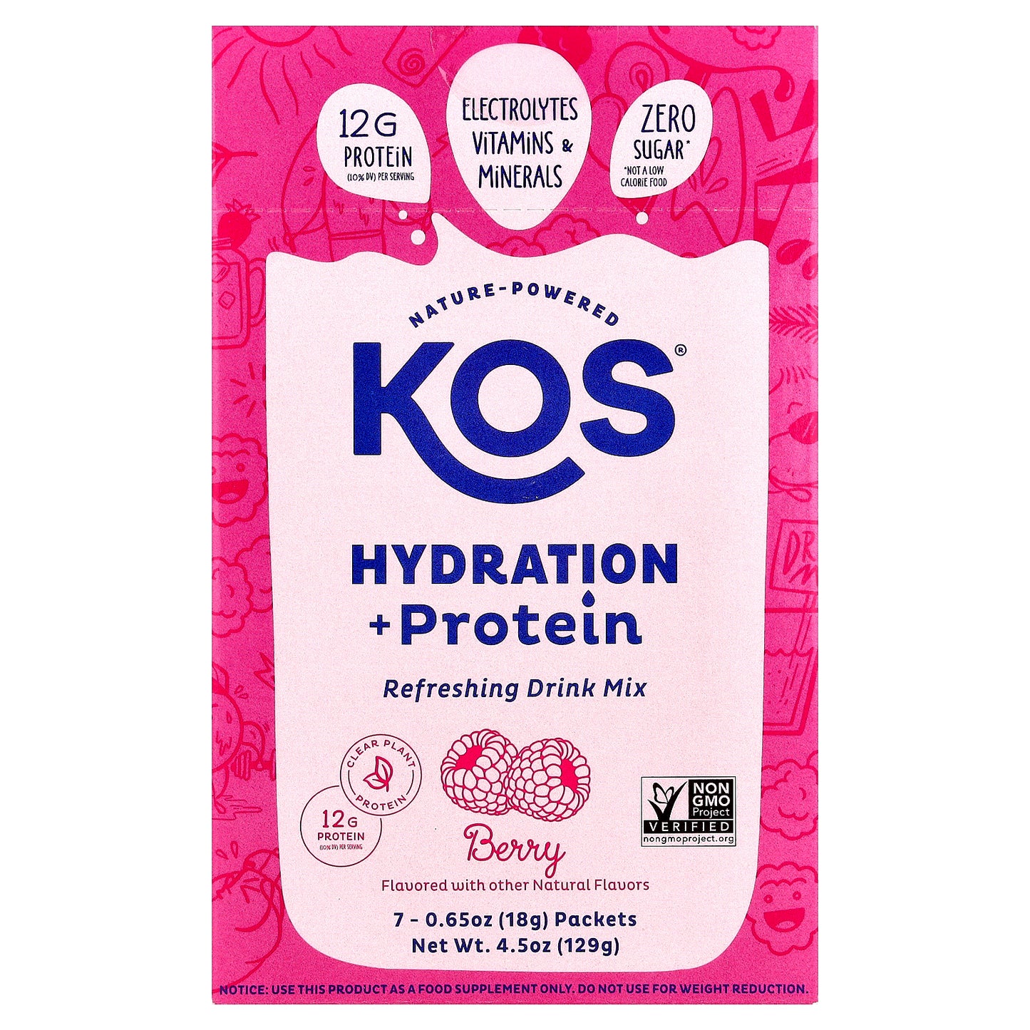 KOS, Hydration + Protein, Refreshing Drink Mix, Berry, 7 Packets, 0.65 oz (18 g) Each
