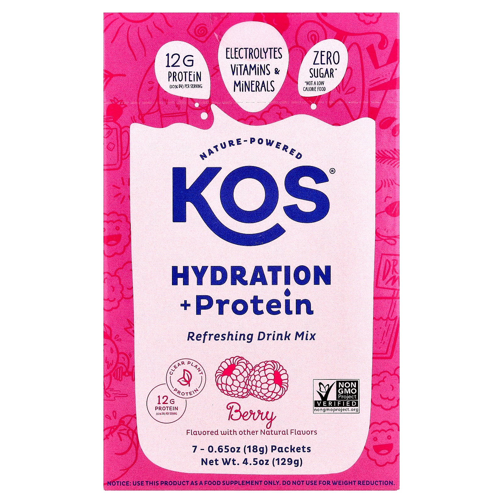 KOS, Hydration + Protein, Refreshing Drink Mix, Berry, 7 Packets, 0.65 oz (18 g) Each