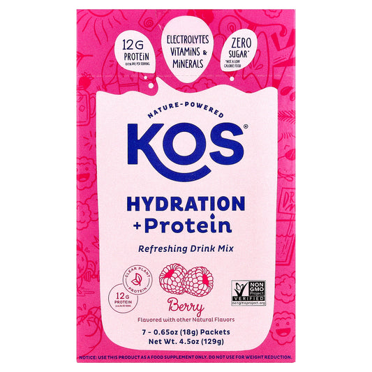 KOS, Hydration + Protein, Refreshing Drink Mix, Berry, 7 Packets, 0.65 oz (18 g) Each