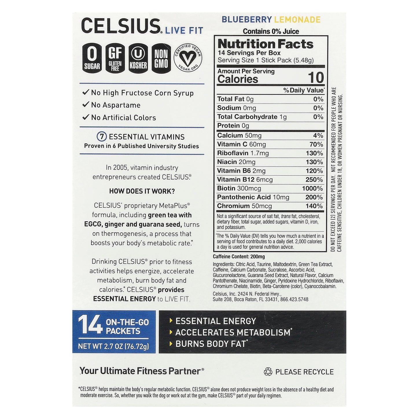 Celsius, Live Fit, Blueberry Lemonade, 14 On-The-Go Packets, 0.19 oz (5.48 g) Each