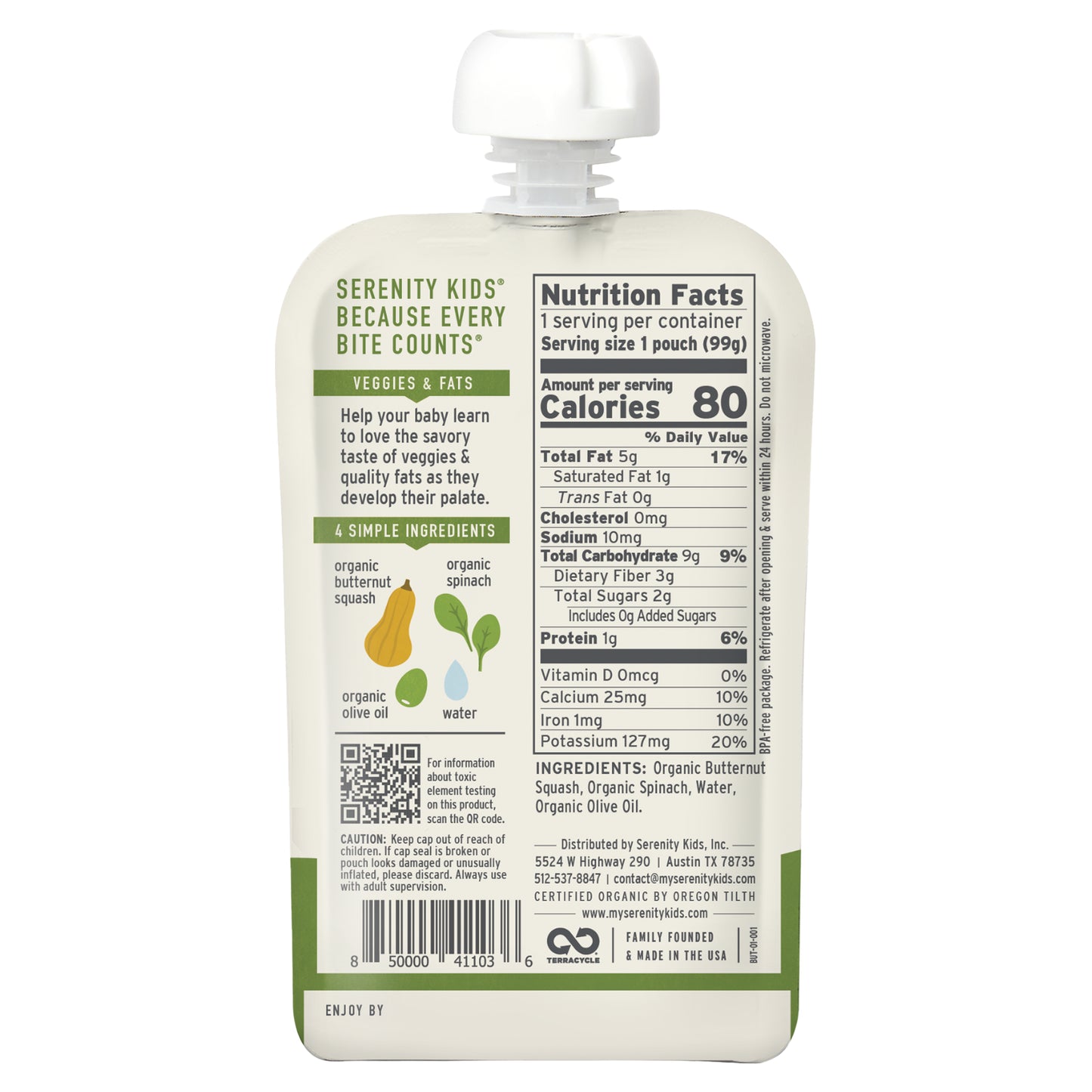 Serenity Kids, Organic Butternut Squash & Spinach with Olive Oil, 6+ Months, 3.5 oz (99 g)
