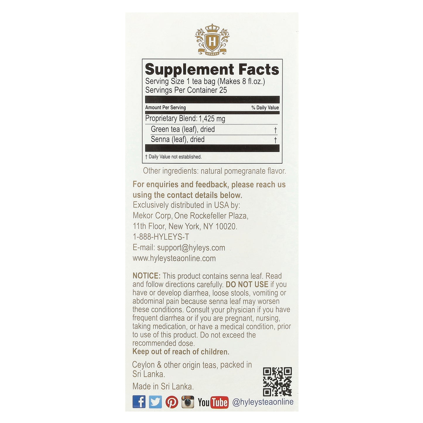 Hyleys Tea, Slim Tea, Pomegranate , 25 Foil Envelope Tea Bags, 1.32 oz (37.5 g)