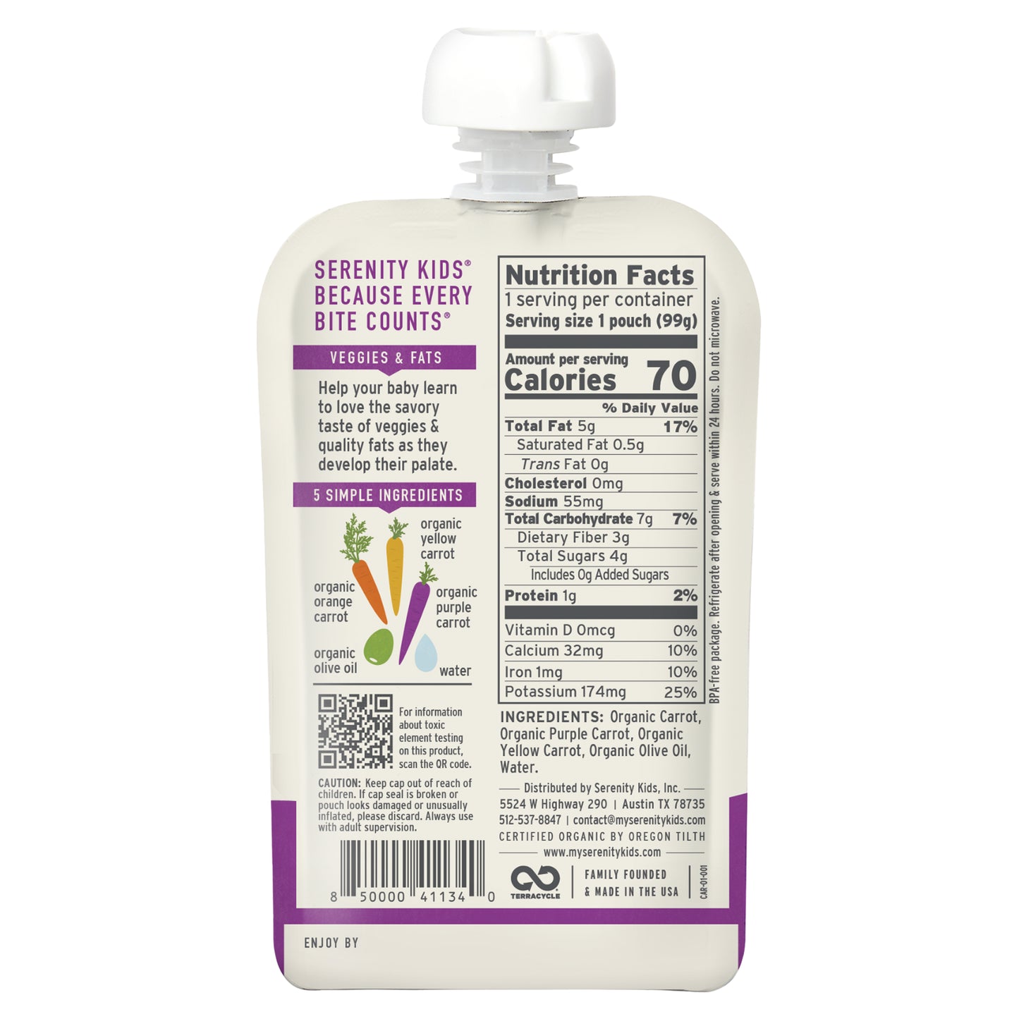 Serenity Kids, Organic Carrots, 6+ Months, Orange, Purple & Yellow Carrots with Olive Oil, 3.5 oz (99 g)