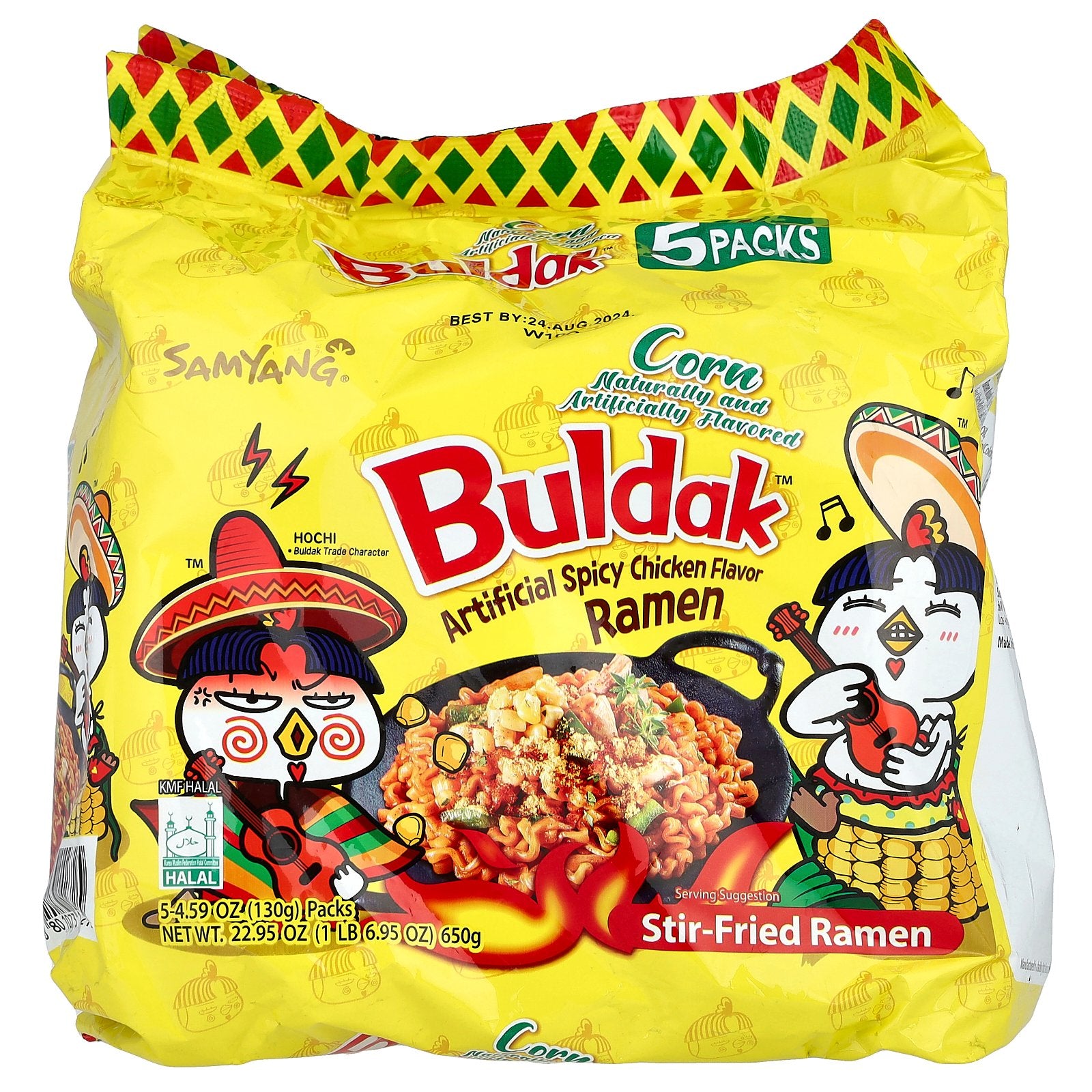 Buldak, Buldak™, Stir-Fried Ramen, Corn, Artificial Spicy Chicken, 5 Packs, 4.59 oz (130 g) Each