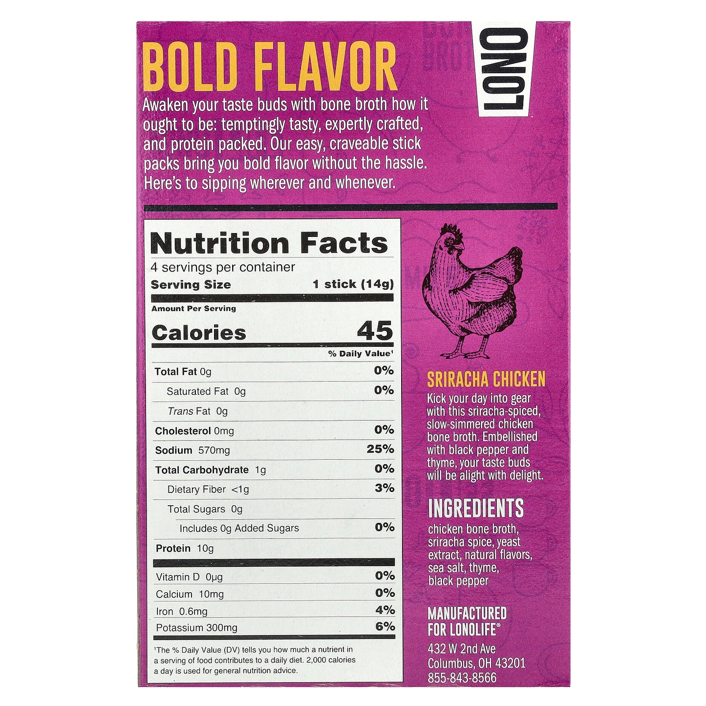 Lonolife, Sipping Bone Broth, Sriracha Chicken, 4 Single Serve Sticks, 0.49 oz (14 g) Each