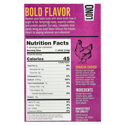Lonolife, Sipping Bone Broth, Sriracha Chicken, 4 Single Serve Sticks, 0.49 oz (14 g) Each