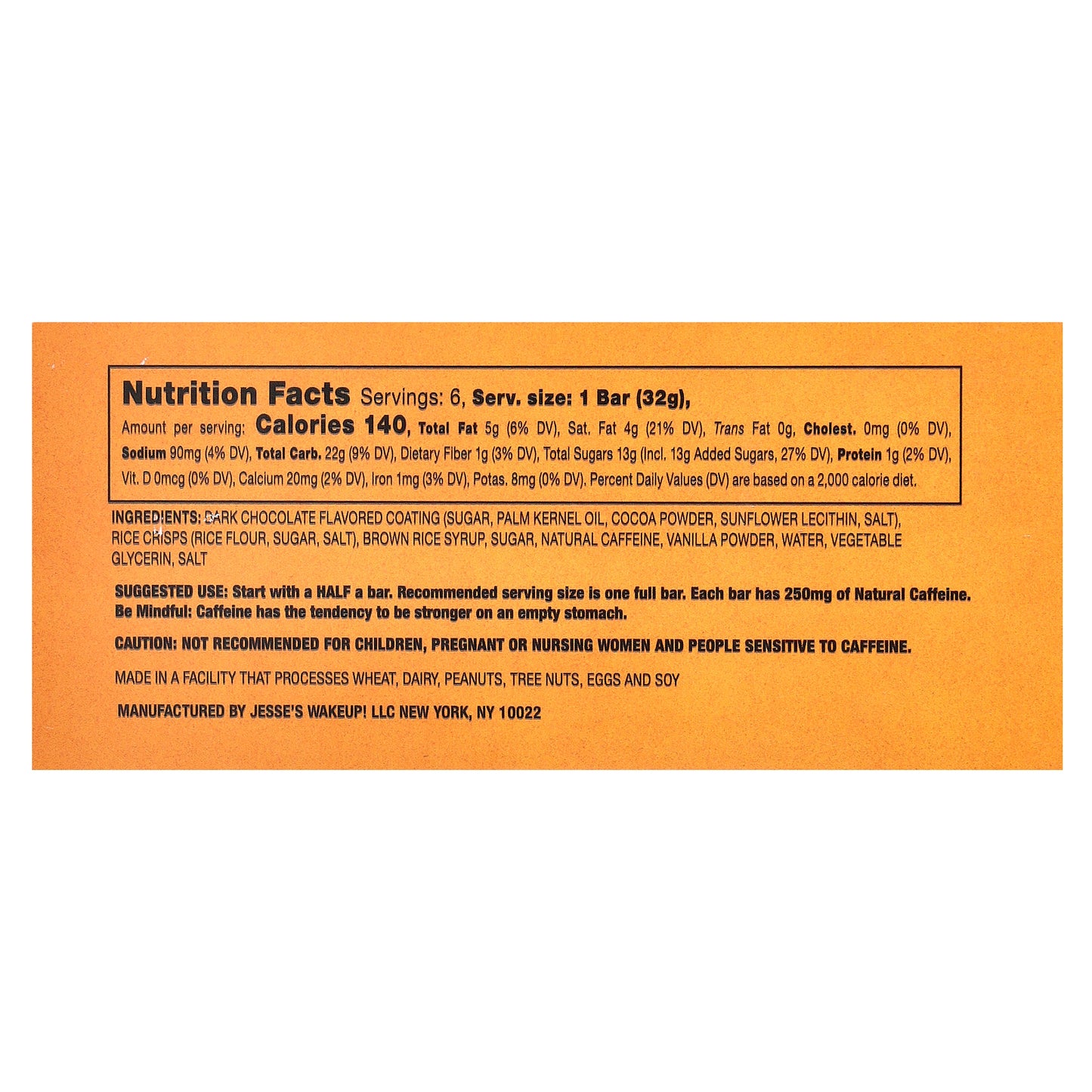 Jesse's WAKEUP!, Rice Crisp Bars, Dark Chocolate, 6 Pack, 1.13 oz (32 g)