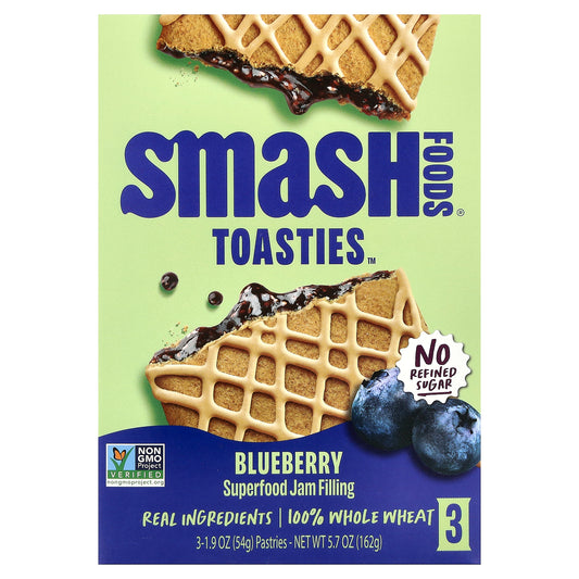 Smash Foods, Toasties™, Blueberry, 3 Pastries, 1.9 oz (54 g) Each