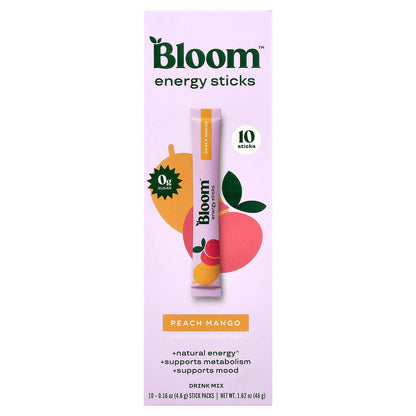 Bloom, Energy Sticks, Peach Mango , 10 Stick Packs, 0.16 oz (4.6 g) Each