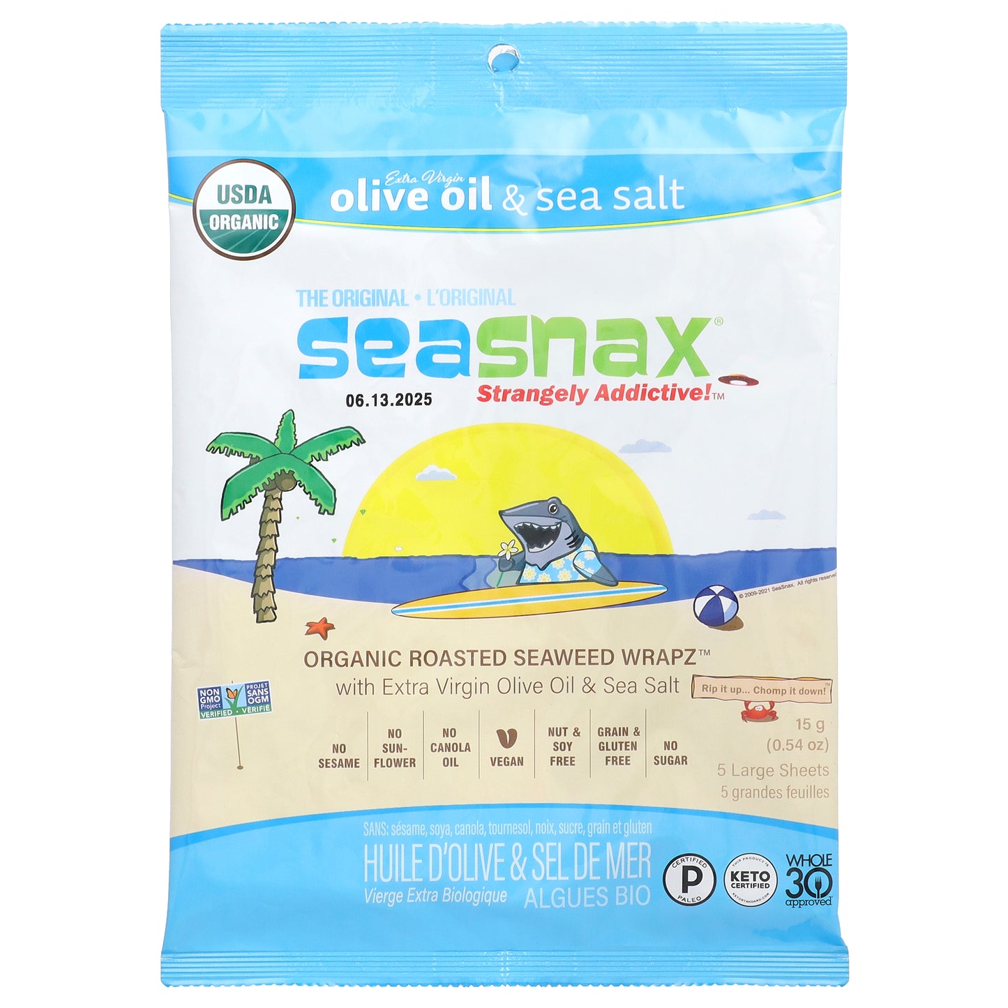 SeaSnax, Organic Roasted Seaweed Wrapz™, Extra Virgin Olive Oil & Sea Salt, 5 Large Sheets, 0.54 oz (15 g)