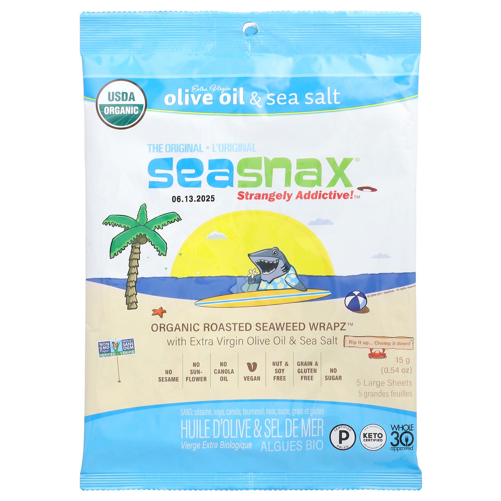 SeaSnax, Organic Roasted Seaweed Wrapz™, Extra Virgin Olive Oil & Sea Salt, 5 Large Sheets, 0.54 oz (15 g)