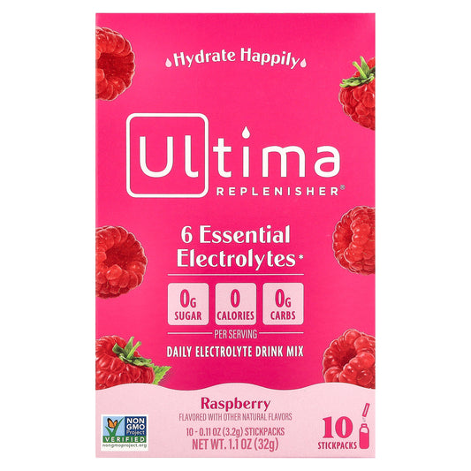 Ultima Replenisher, 6 Essential Electrolytes, Daily Electrolyte Drink Mix, Raspberry, 10 Stickpacks, 0.11 oz (3.2 g) Each