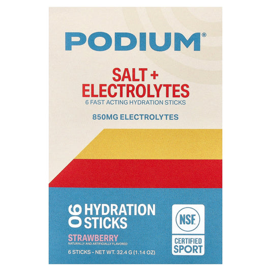 Podium Nutrition, Salt + Electrolytes, Hydration Sticks, Strawberry, 6 Sticks, 0.19 oz (5.4 g) Each
