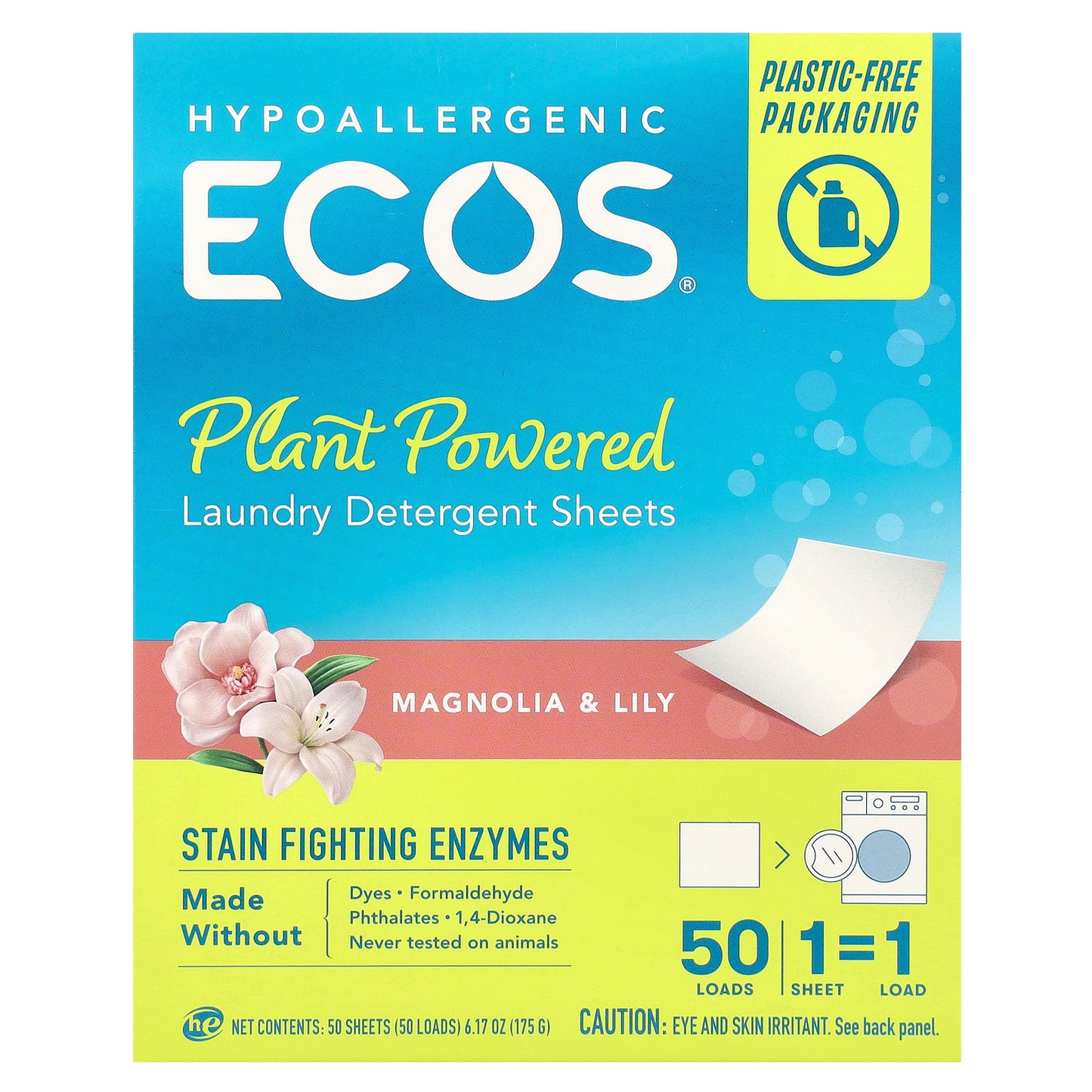 Earth Friendly Products, ECOS®, Plant Powered Laundry Detergent Sheets, Magnolia & Lily, 50 Sheets