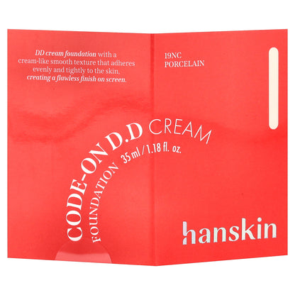 Hanskin, Code-On D.D Cream Foundation, 19NC Porcelain, 1.18 fl oz (35 ml)