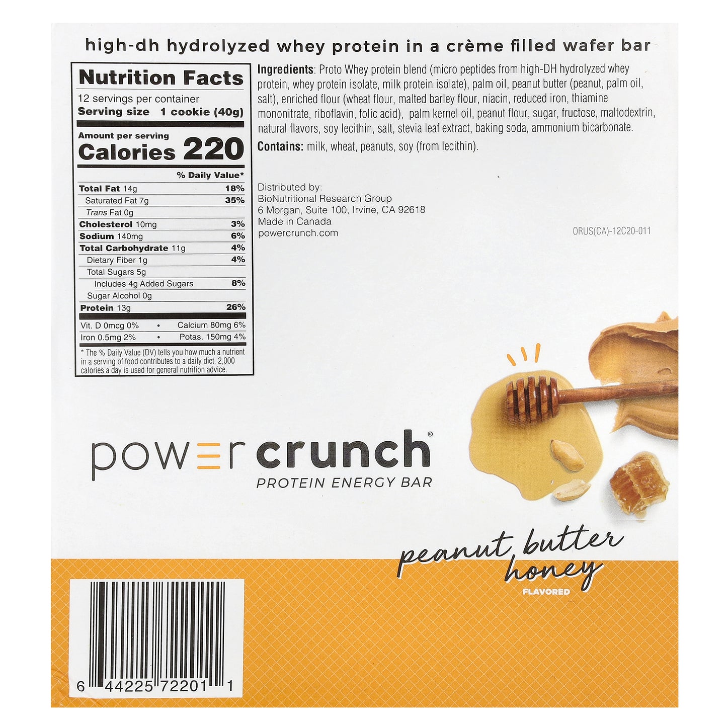 BNRG, Power Crunch Protein Energy Bar, Peanut Butter Honey, 12 Bars, 1.4 oz (40 g) Each